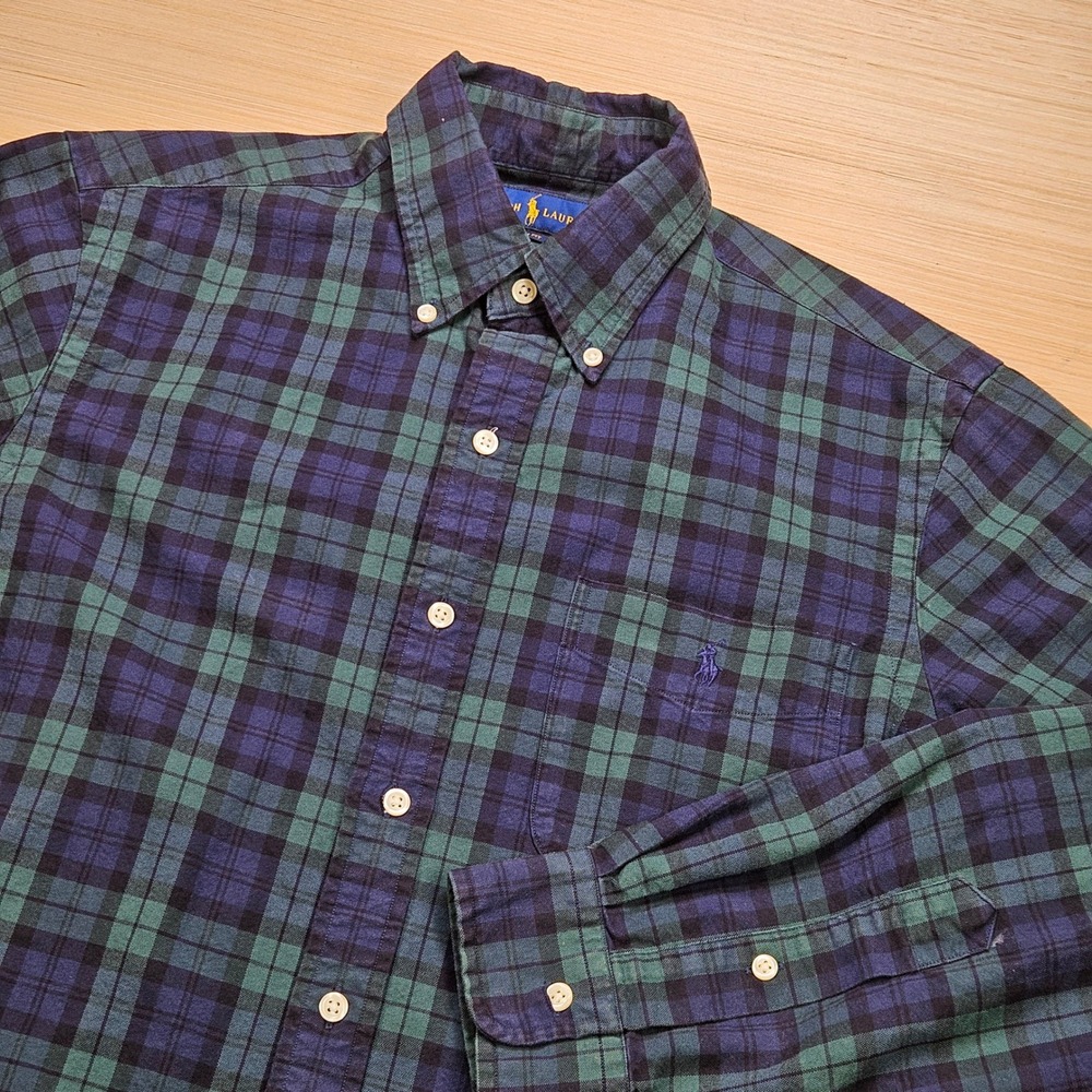 Ralph Lauren Slim Fit Button Down Shirt Men M Blue Green Blackwatch Plaid Cotton